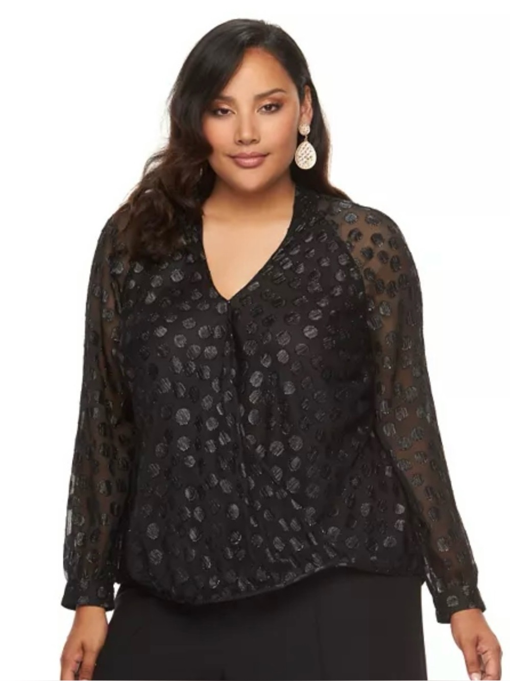 NWT Jennifer Lopez Black Polka Dot Faux Wrap Long Sleeve Top Large